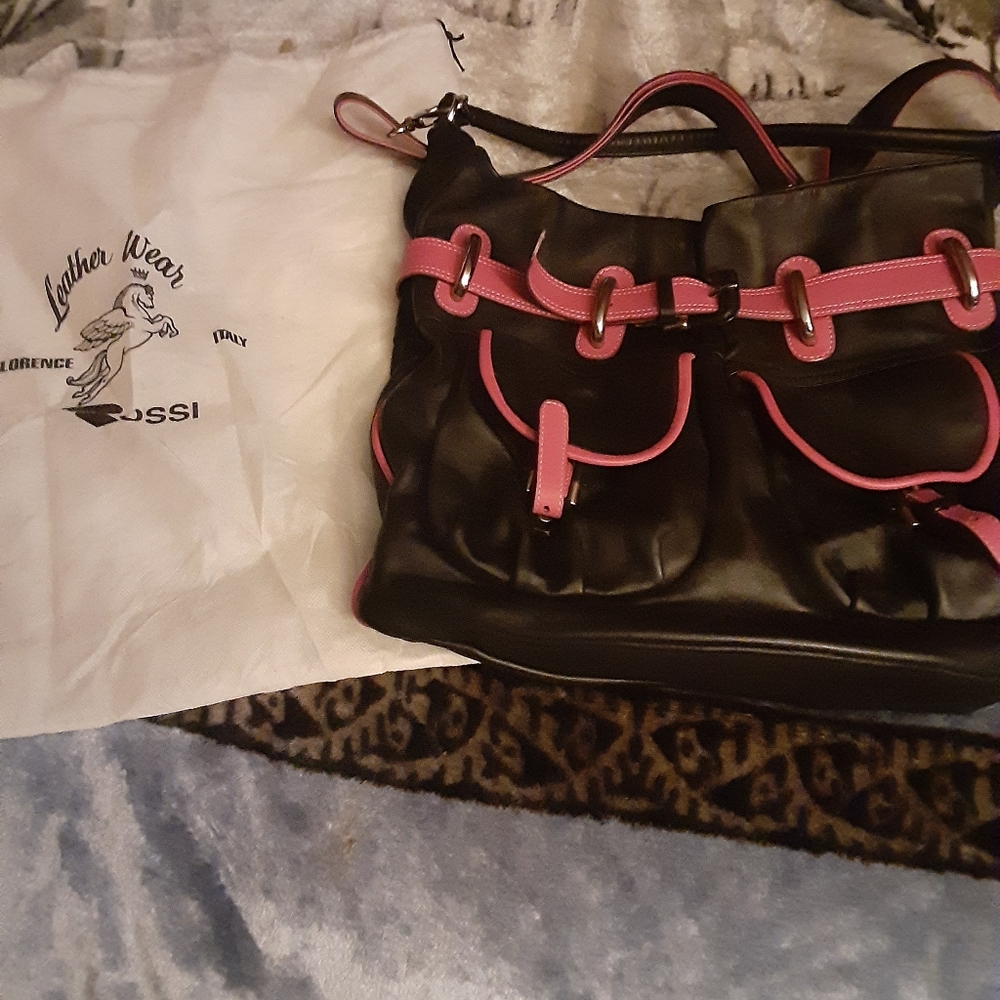 Pink and black soft leather tote